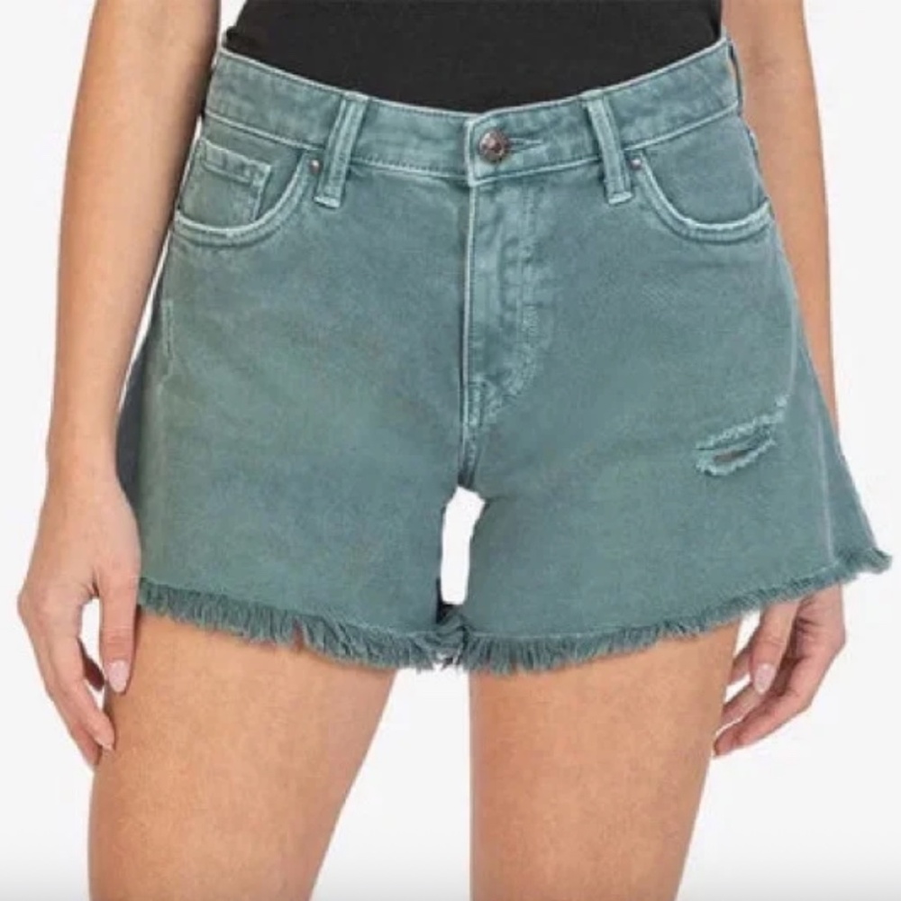 KUT Jane Long Short Frayed Distressed Turquoise High Waist Denim Shorts Size 0